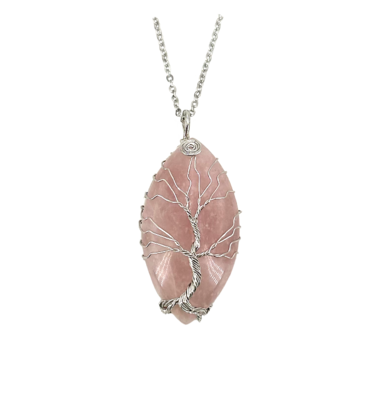 Fantasy Gifts Oval Rose Quartz Tree of Life Wire Wrapped Necklace