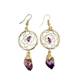 Gold Plated Dreamcatcher Earrings with Amethyst