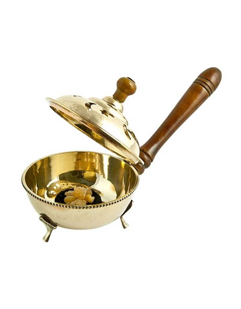 Brass Moon Star Censer Burner with Wooden Handle 9"L