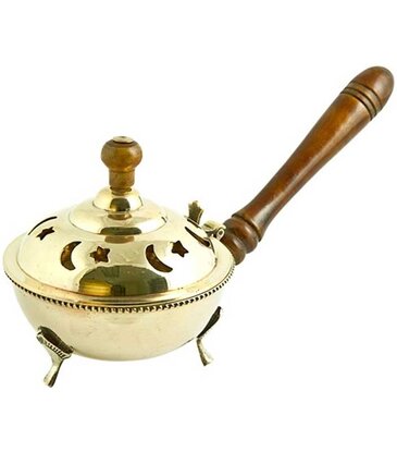 Brass Moon Star Censer Burner with Wooden Handle 9"L