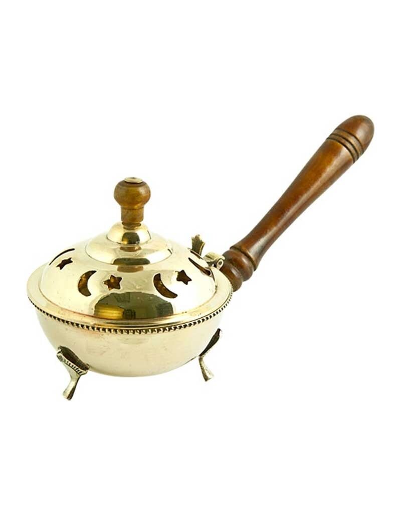 Brass Moon Star Censer Burner with Wooden Handle 9"L