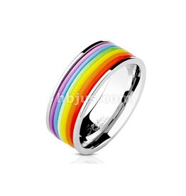Rainbow Rubber Striped Band Ring Stainless Steel