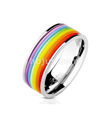 Hollywood Body Jewelry Rainbow Rubber Striped Band Ring Stainless Steel