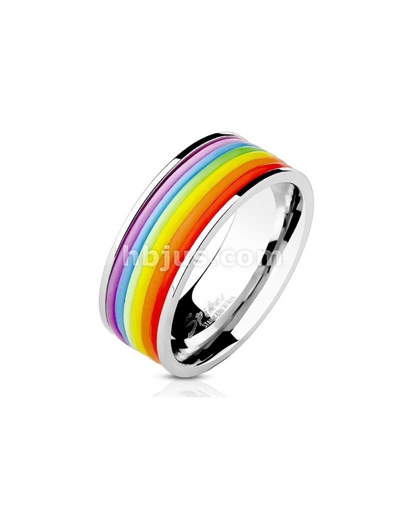 Rainbow Rubber Striped Band Ring Stainless Steel