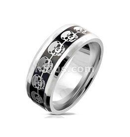 Silver Skulls on Black Inlay Stainless Steel Ring
