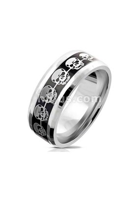 Silver Skulls on Black Inlay Stainless Steel Ring