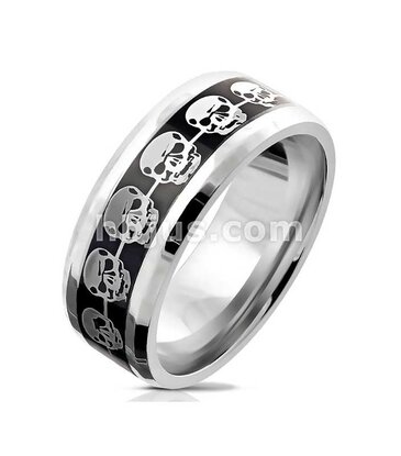 Hollywood Body Jewelry Silver Skulls on Black Inlay Stainless Steel Ring