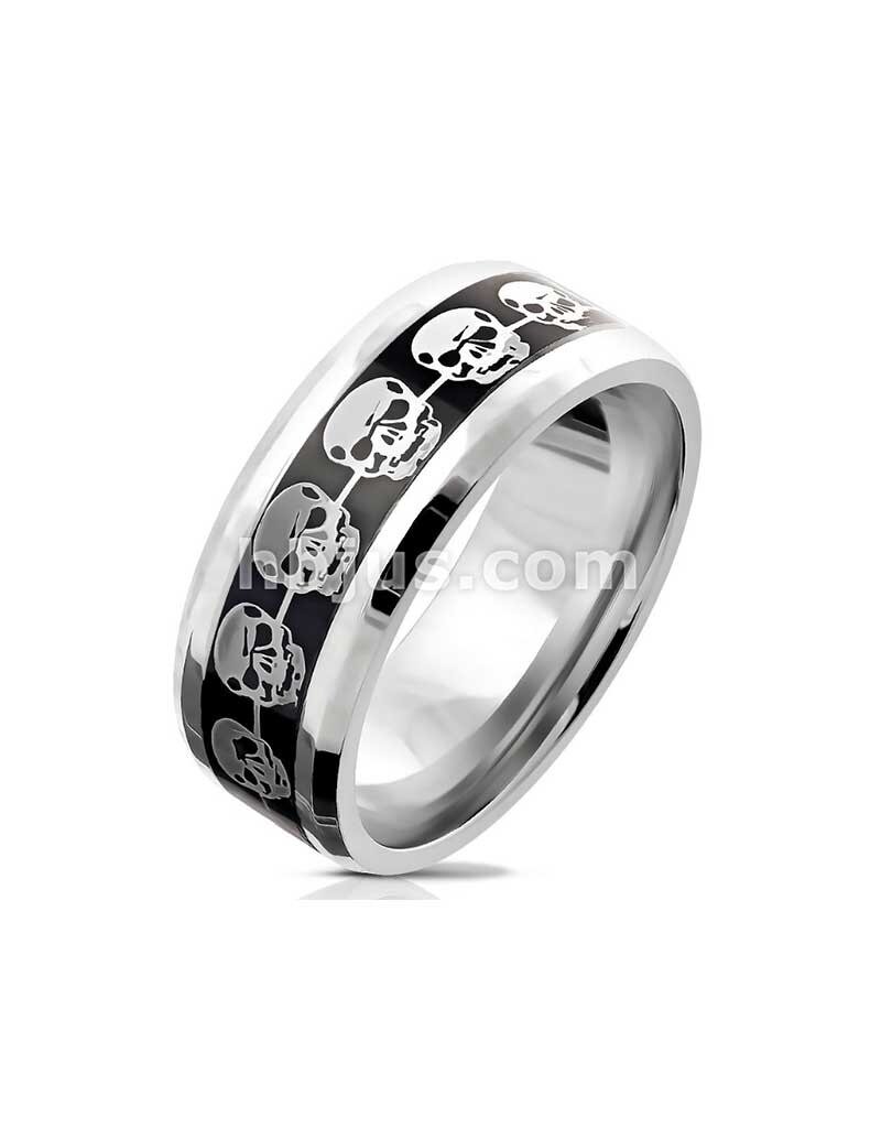 Silver Skulls on Black Inlay Stainless Steel Ring