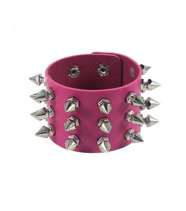 Triple Row Spike Leather Bracelet Pink