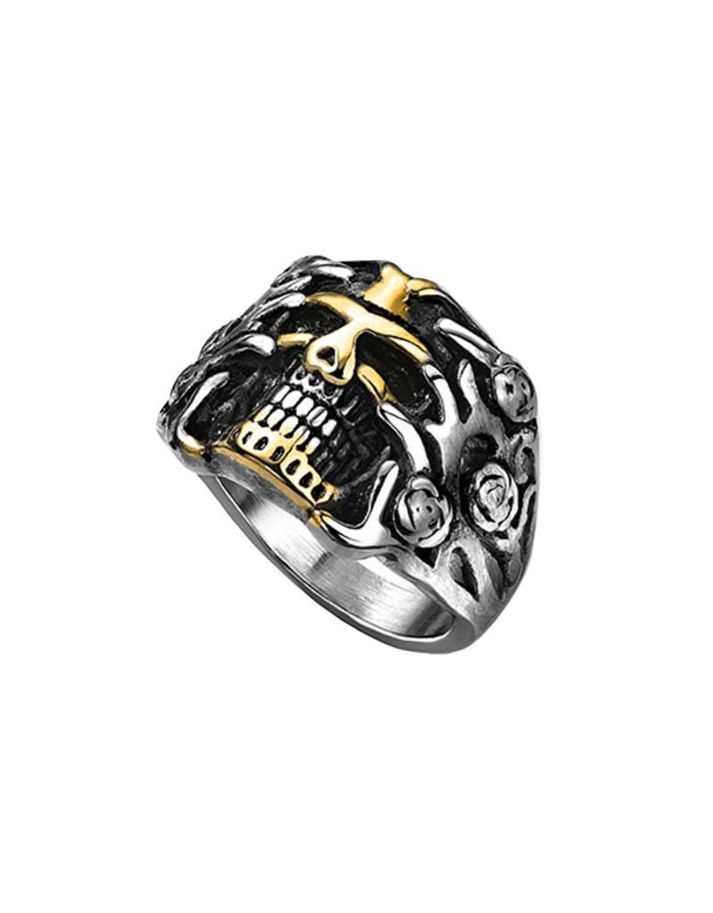 Gold Skull with Rose Vines Stainless Steel Rings