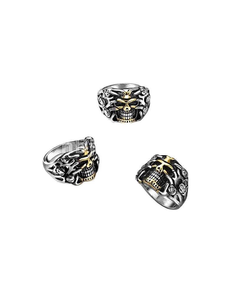 Gold Skull with Rose Vines Stainless Steel Rings