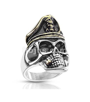 Hollywood Body Jewelry Smoking Pirate Skull with Hat Stainless Steel Ring