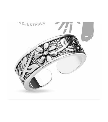 Hollywood Body Jewelry Antique Silver Flowers Adjustable Mid Ring / Toe Ring