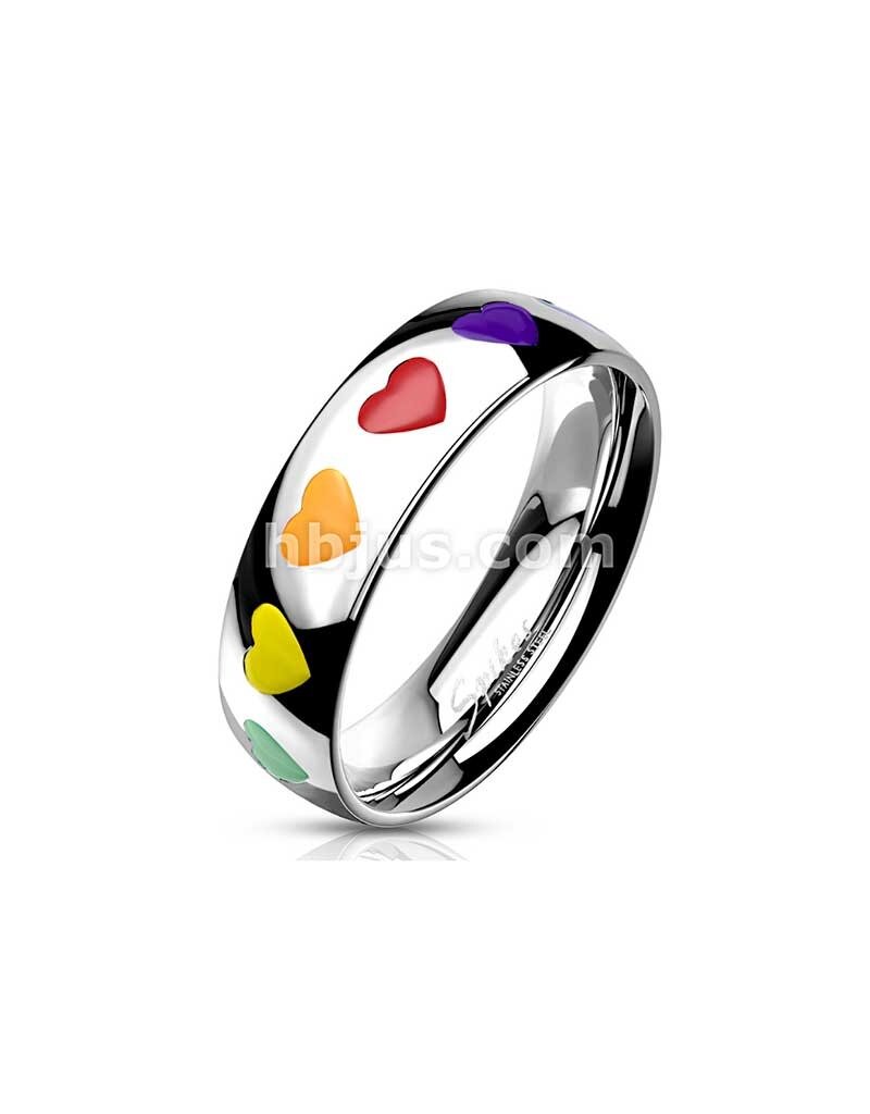 Stainless Steel Rainbow Hearts Dome Band Ring