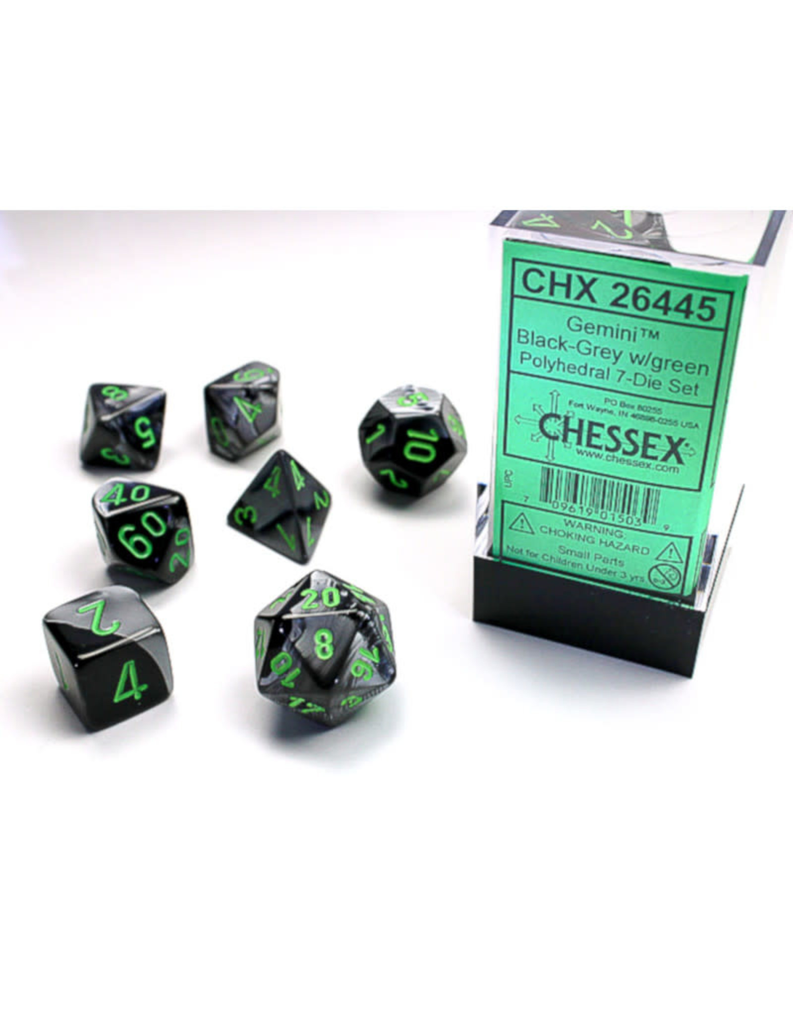 Chessex Polyhedral Dice Set: Gemini Black Grey/Green (7)