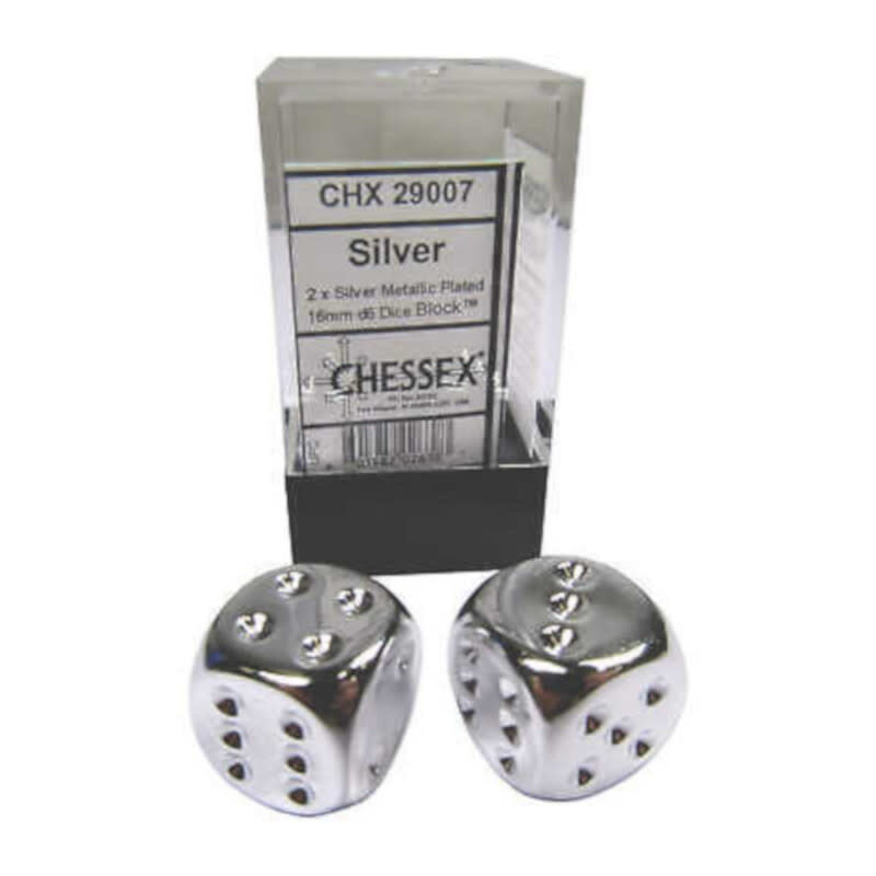 Chessex D6 Dice Pair: Silver-plated 16mm With Pips