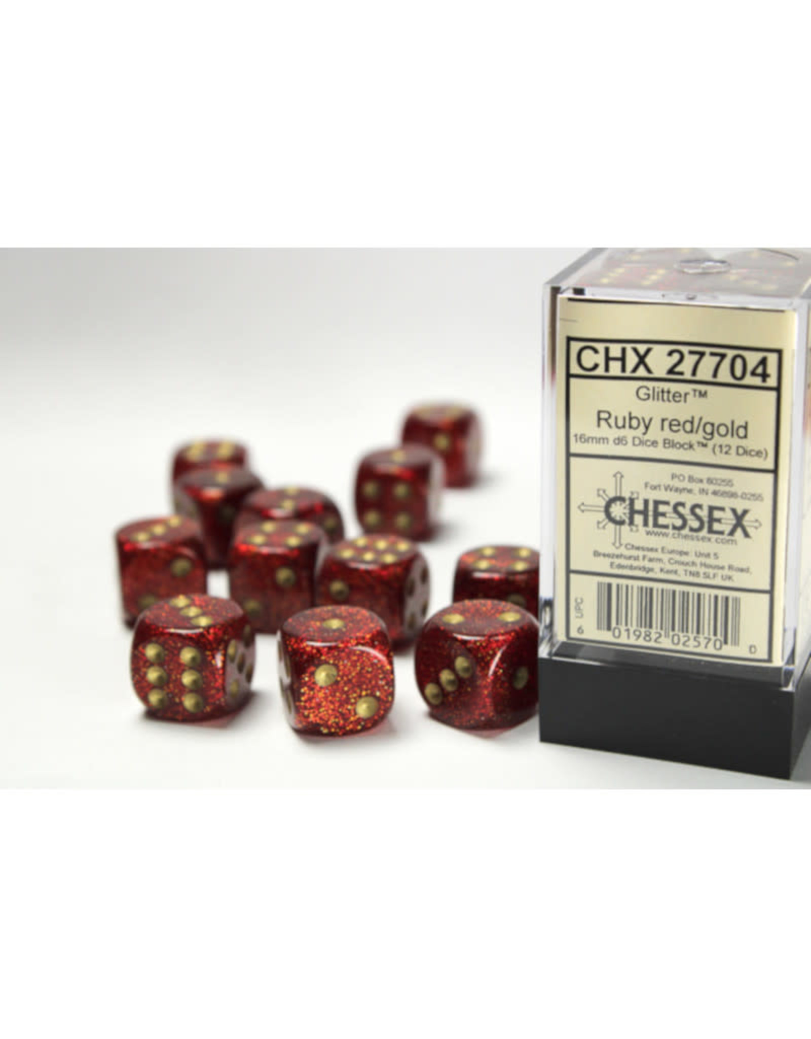 Chessex D6 Dice: 16mm Glitter Ruby/Gold (12)