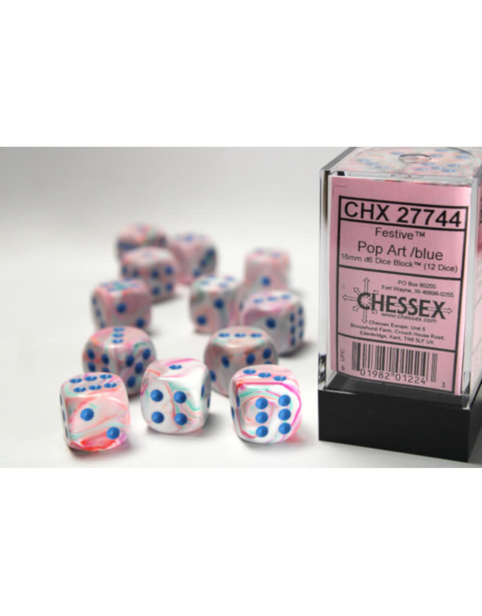 Chessex D6 Dice: 16mm Menagerie Festive Pop Art/Blue (12)