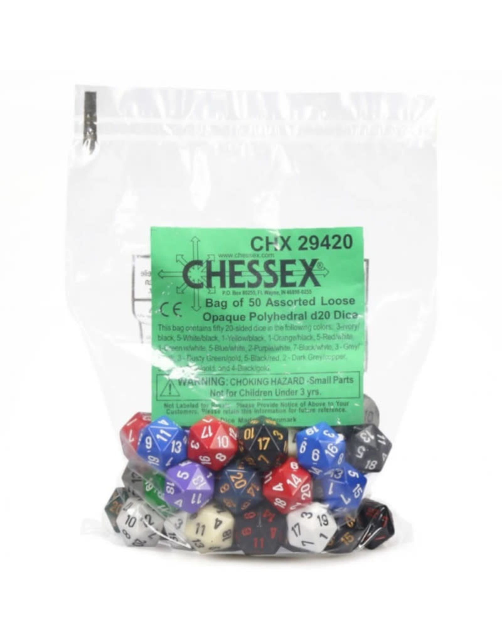 Chessex Assorted D20 Dice: Opaque Assorted Bag of Dice (50)