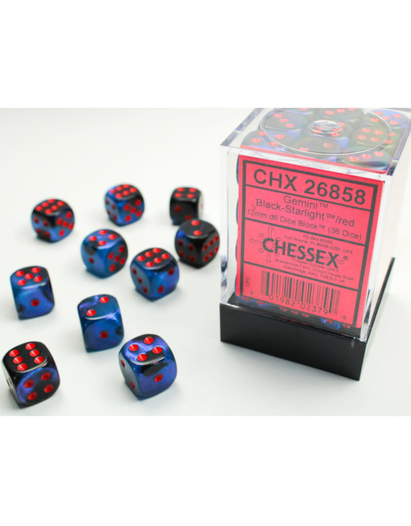Chessex D6 Dice: 12mm Gemini Black Starlight/Red (36)