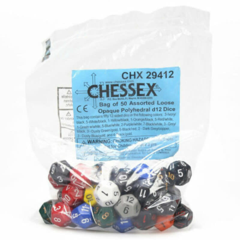 Chessex Assorted D12 Dice: Bag of Opaque Dice (50)