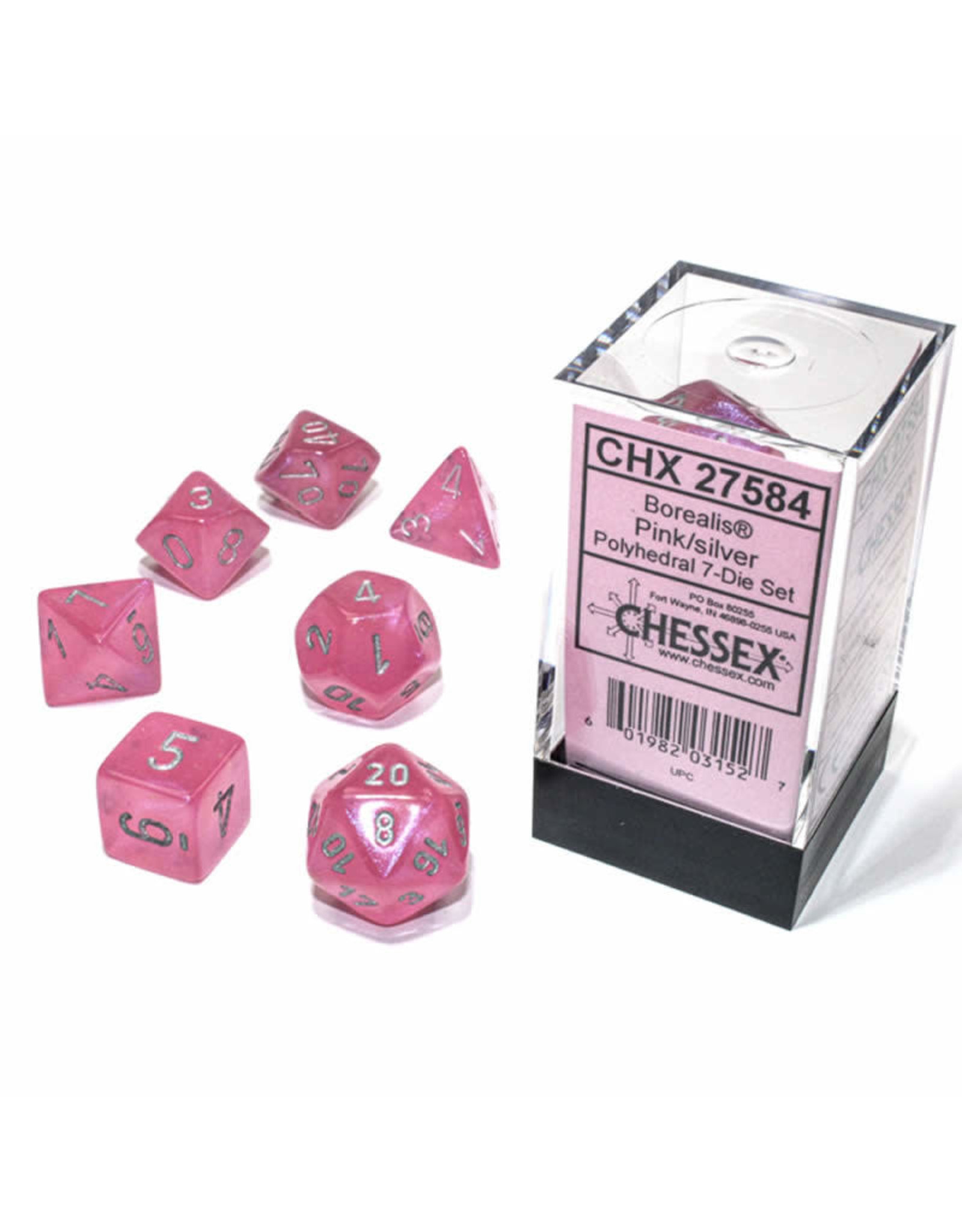 Chessex Polyhedral Dice Set: Borealis Pink Set (7) Glow in the Dark