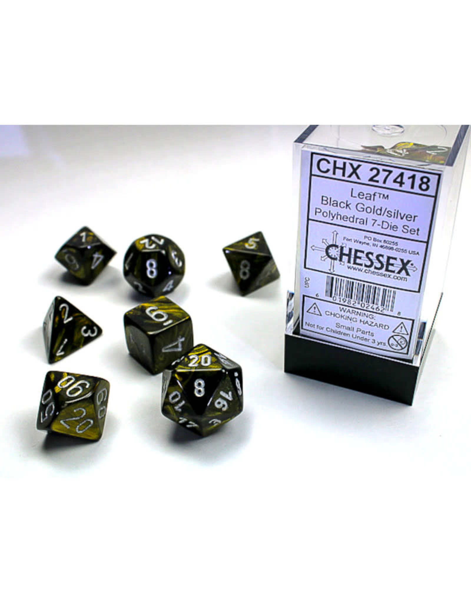 Chessex Polyhedral Dice Set: Leaf Black/Gold/Silver (7)