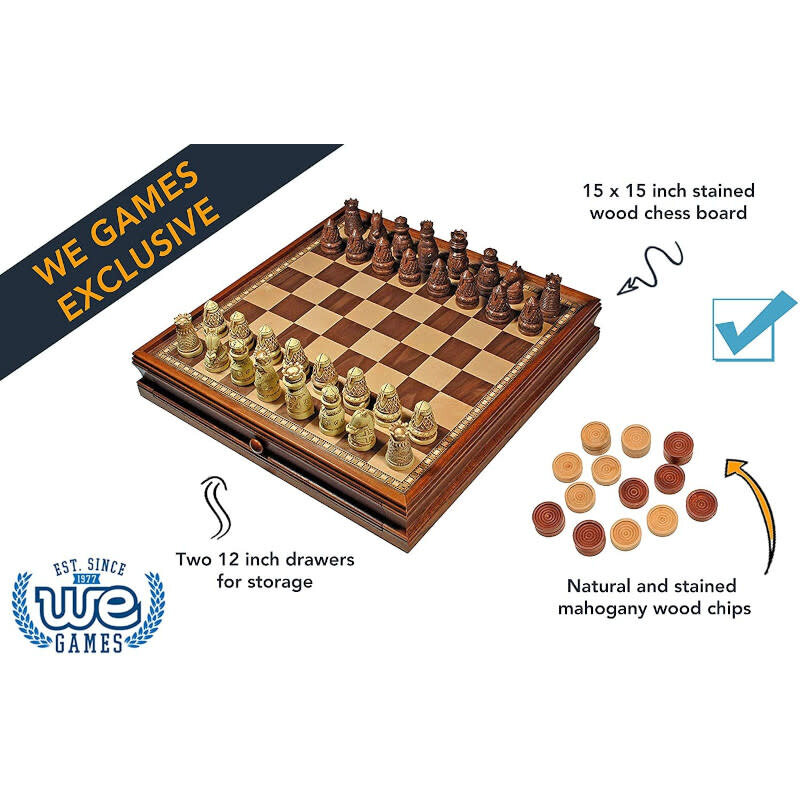Medieval Chess Set: Wooden Board with Drawers 15 Inch
