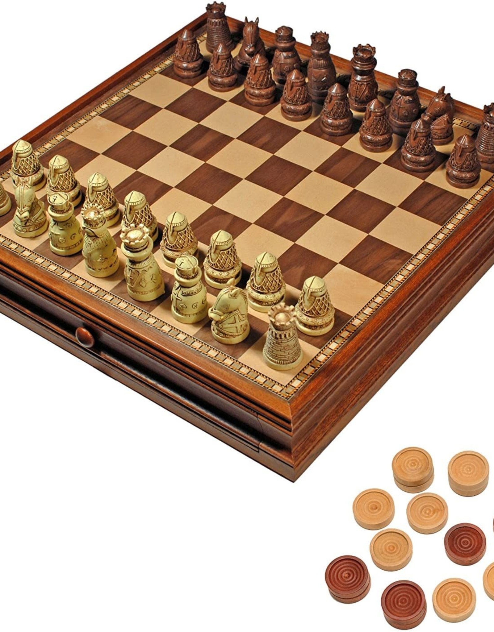 Medieval Chess Set: Wooden Board with Drawers 15 Inch