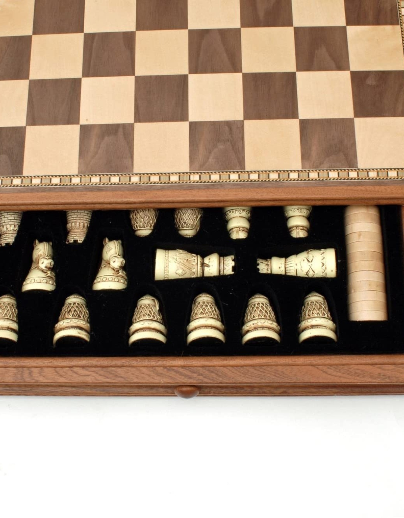 Medieval Chess Set: Wooden Board with Drawers 15 Inch
