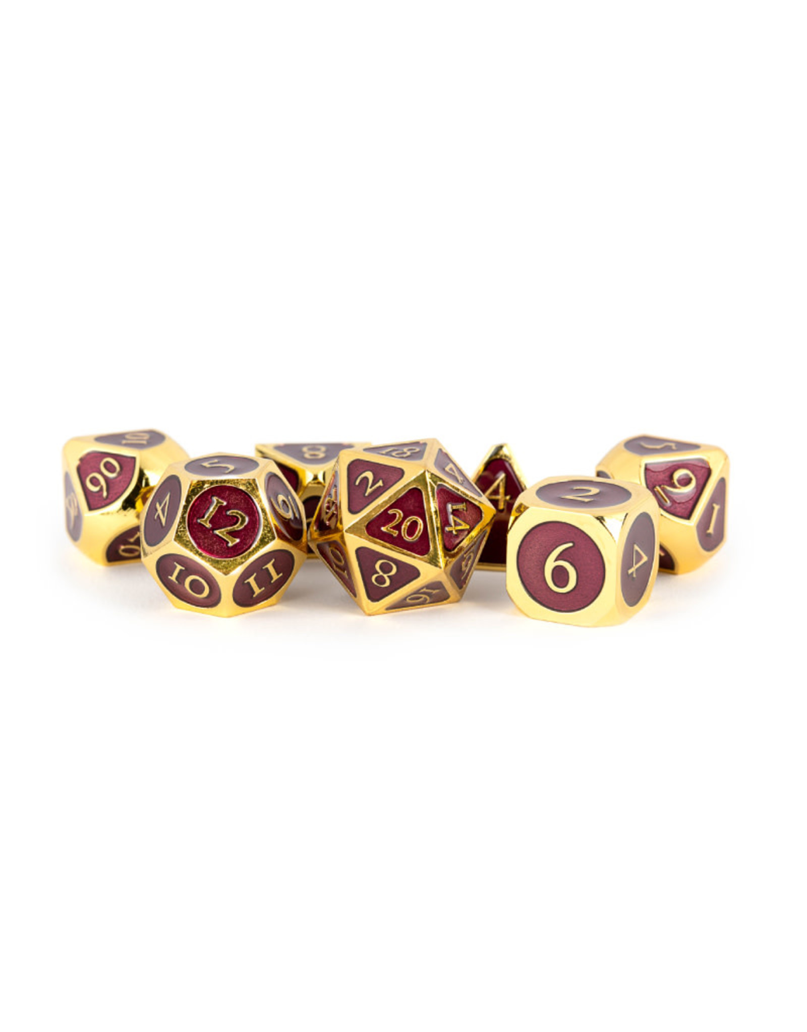 FanRoll metal polyhedral dice (7) Gold with Purple Enamel