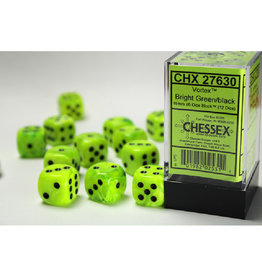 Chessex D6 Dice: 16mm Vortex (12) Bright Green/Black