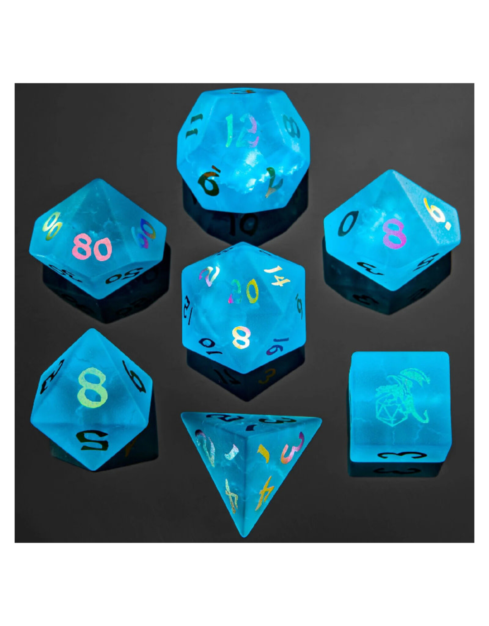 Hymgho Premium Dice Hymgho Blue Hex Case Polyhedral Dice Set (7) Sea Blue Glass