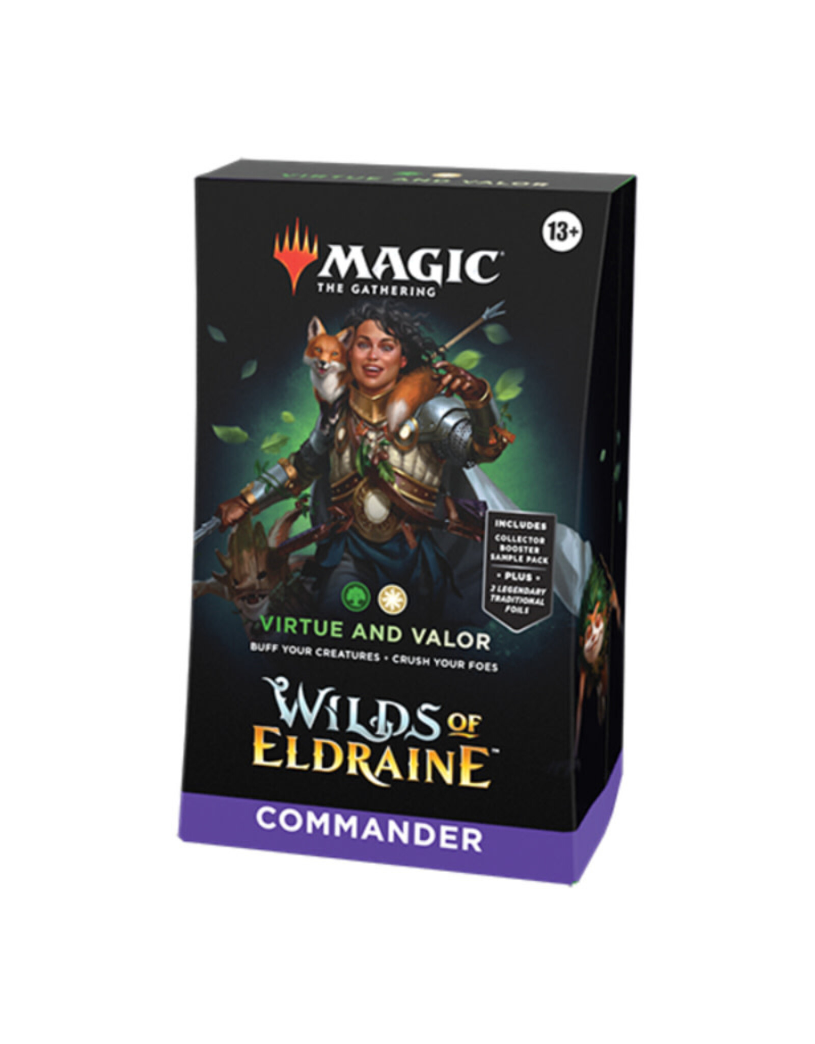 Magic The Gathering Wilds of Eldraine Commander Deck - Virtue and Valor  (100-Card Deck, 2-Card Collector Booster Sample Pack + Accessories)