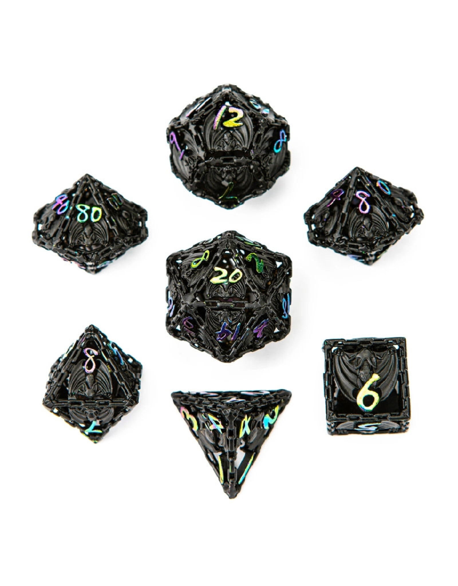 Hymgho Premium Dice Hollow Metal Bat Polyhedral Dice Set - Black with Rainbow