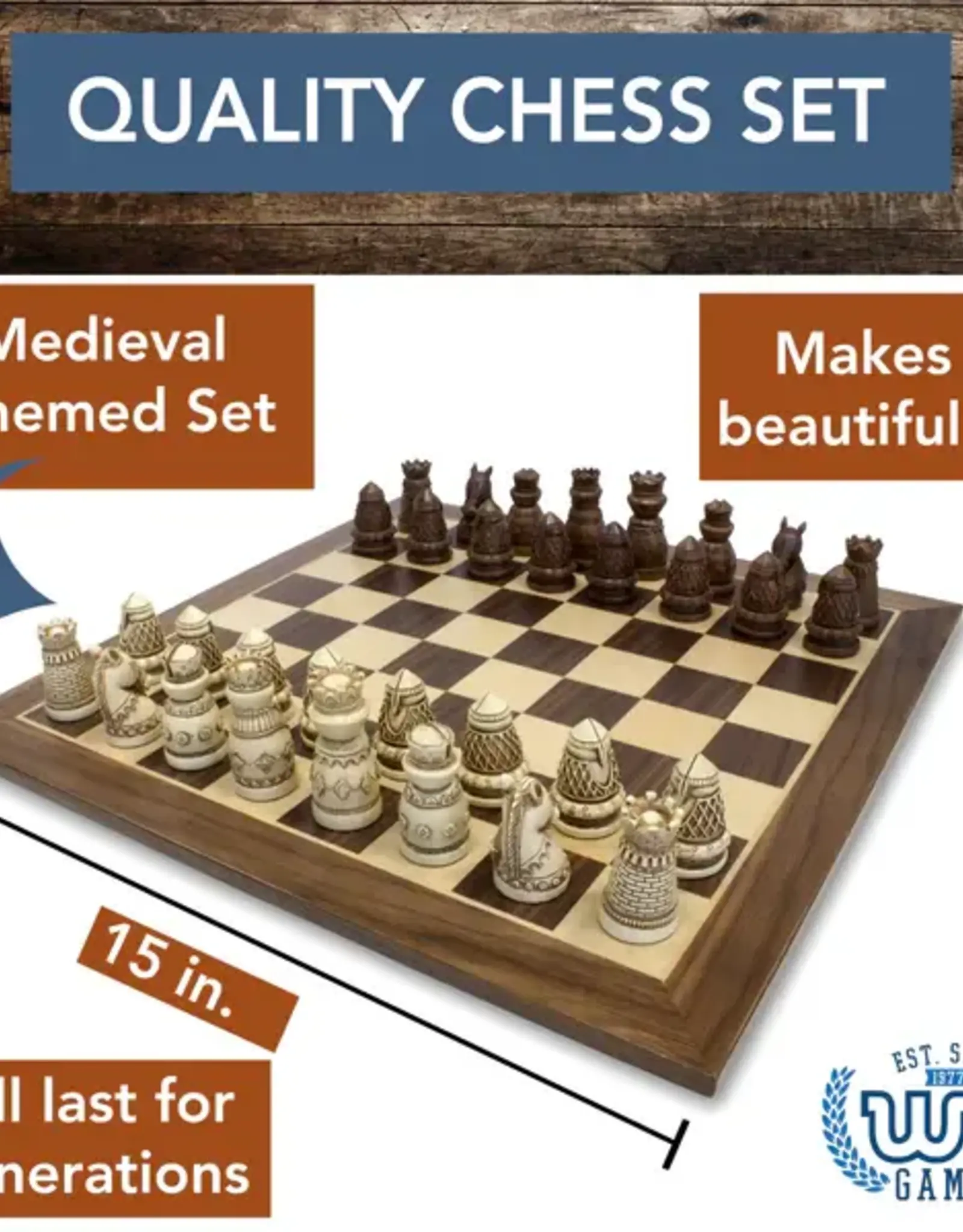 Chess Set: Medieval Polystone Pieces with 15 Inch Board