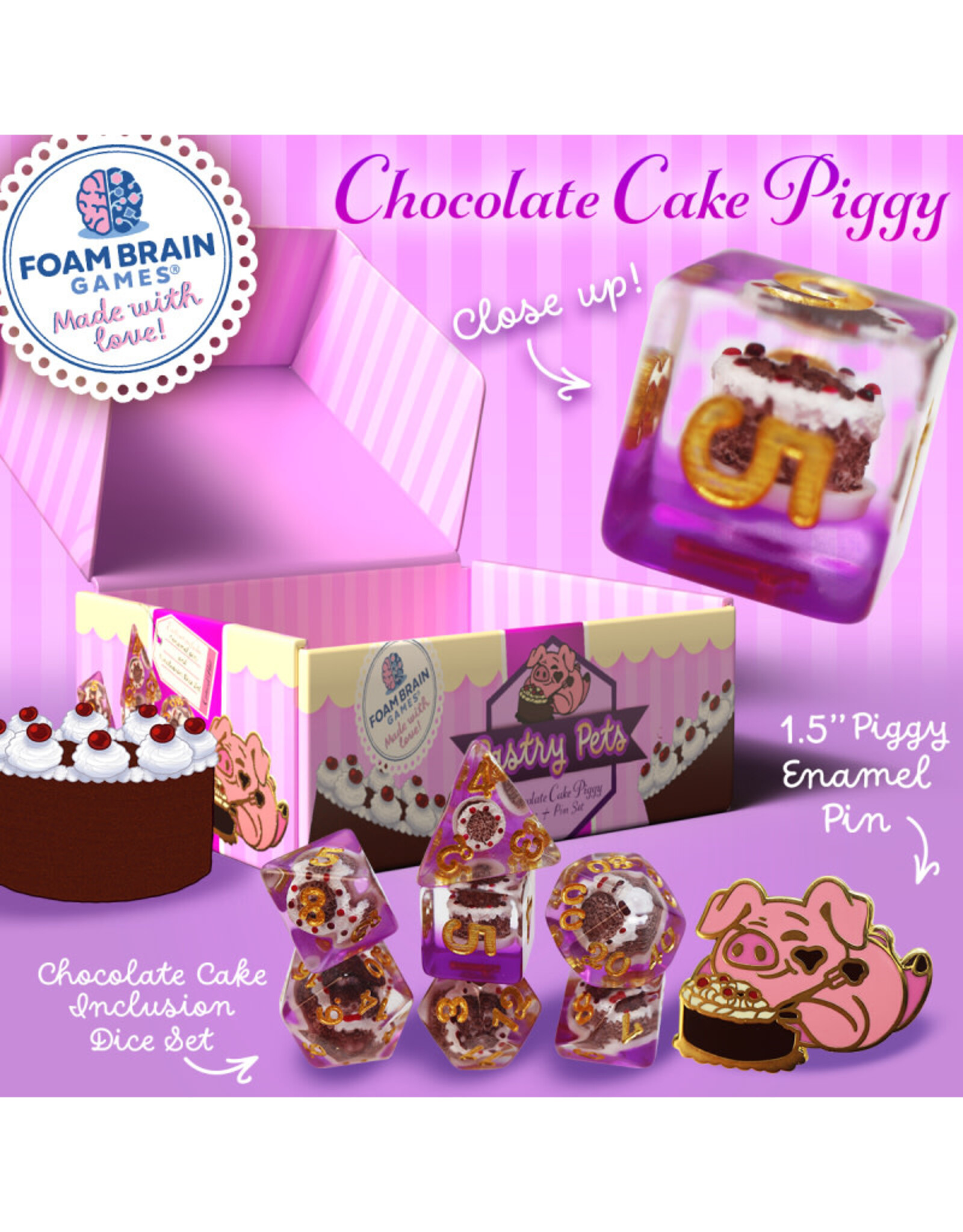 Faire Foam Brain Games RPG Dice (7) Chocolate Cake Piggy