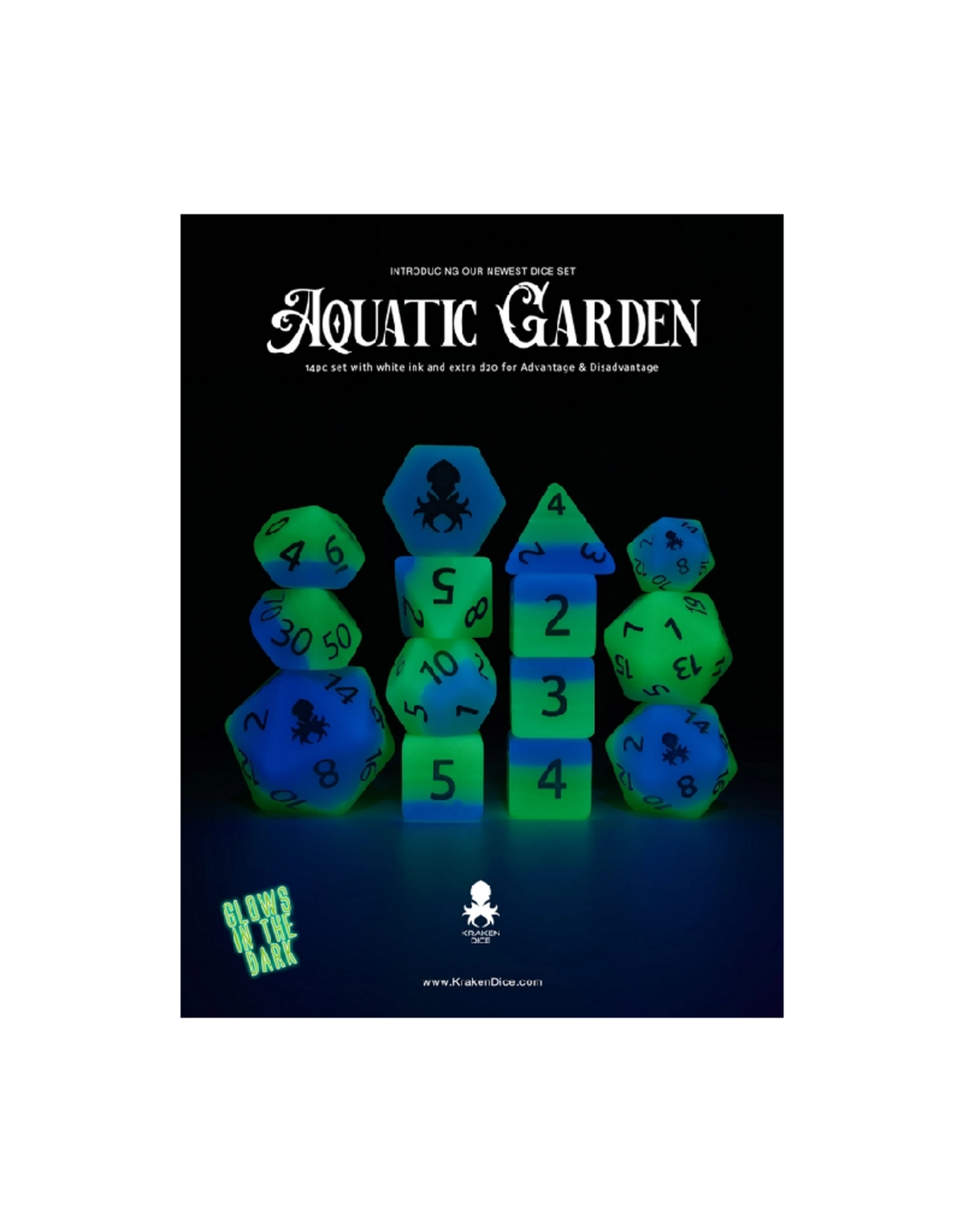 Aquatic Garden 14pc Glow in the Dark Dice Set Inked in Blue