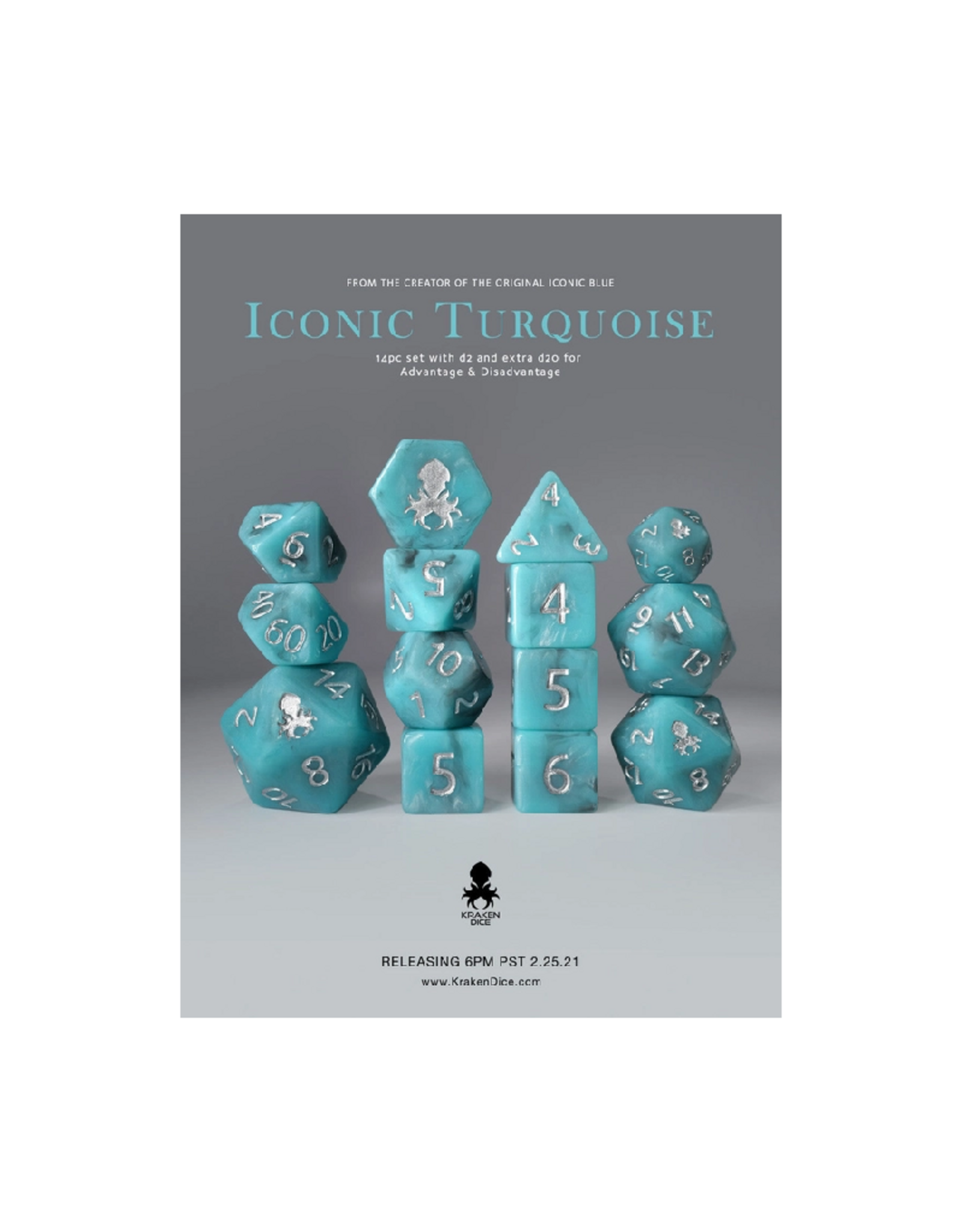14pc Iconic Turquoise Polyhedral Dice Set with Silver Ink