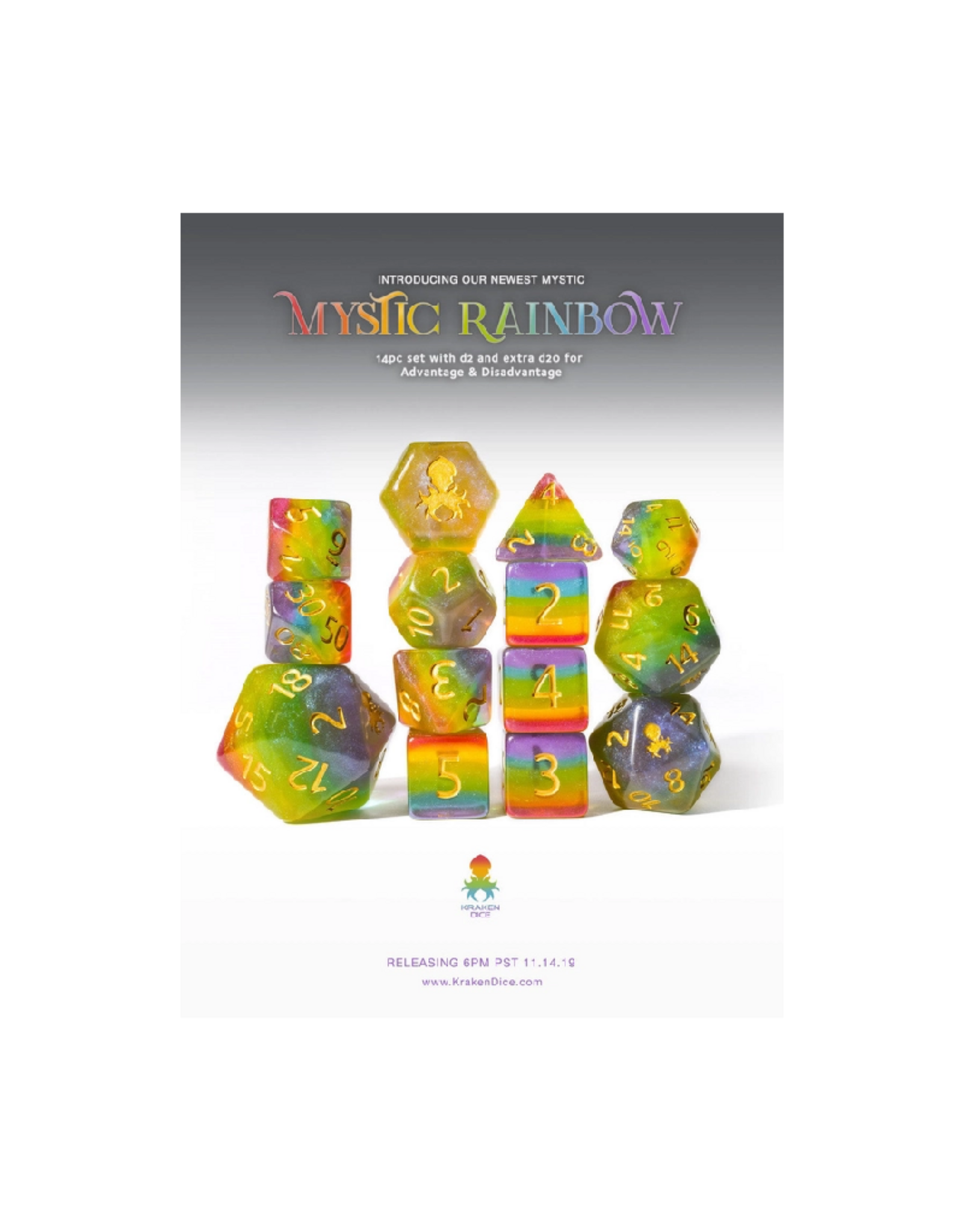 Mystic Rainbow 14pc Dice Set Inked in Gold