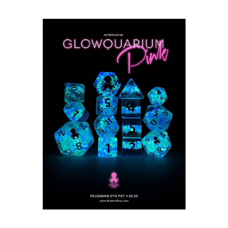 Faire Glowquarium Pink 14pc Polyhedral Dice Set with Glow in the Dark Particles