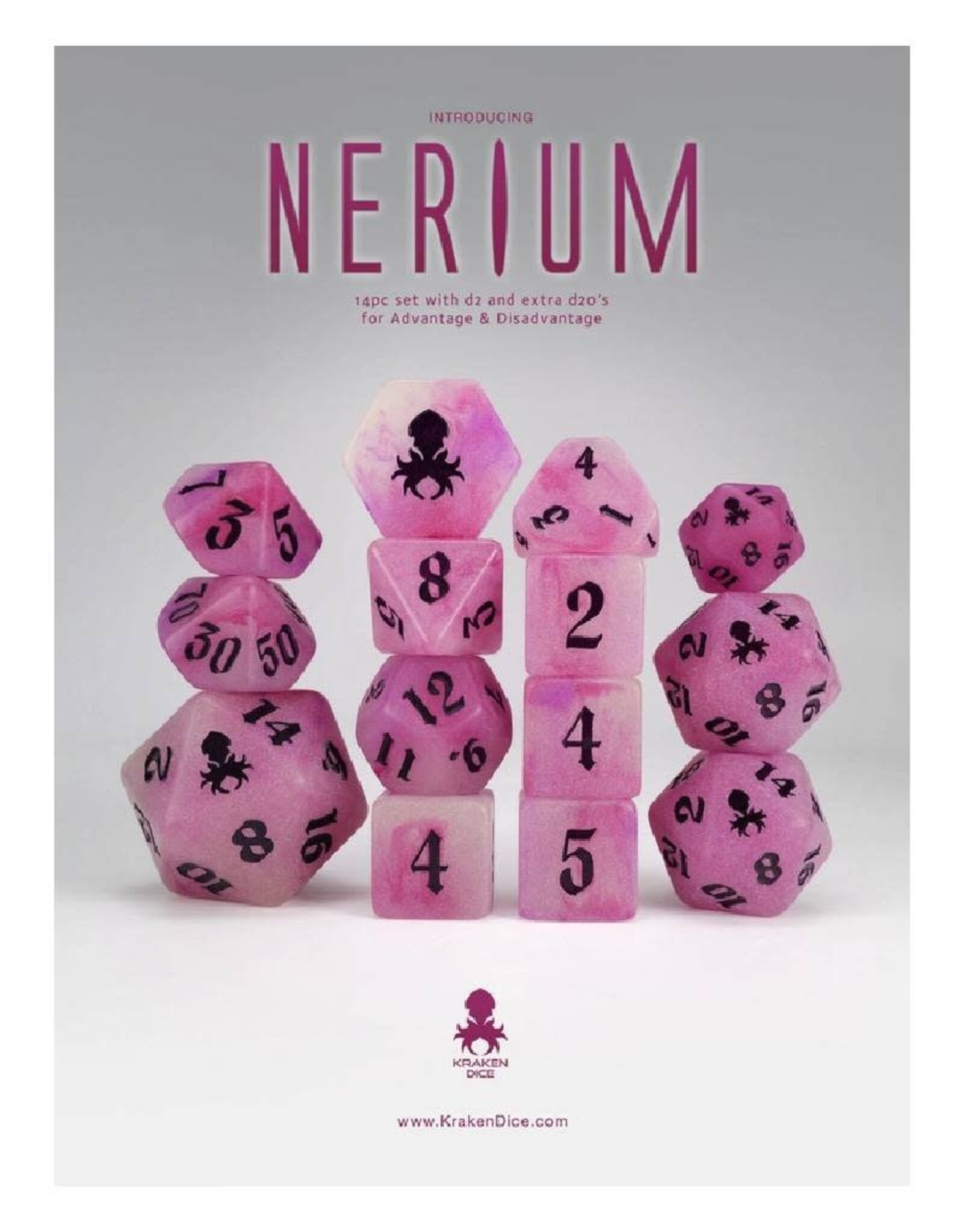 Nerium 14pc Glow in the Dark Dice Set with Dark Purple Ink