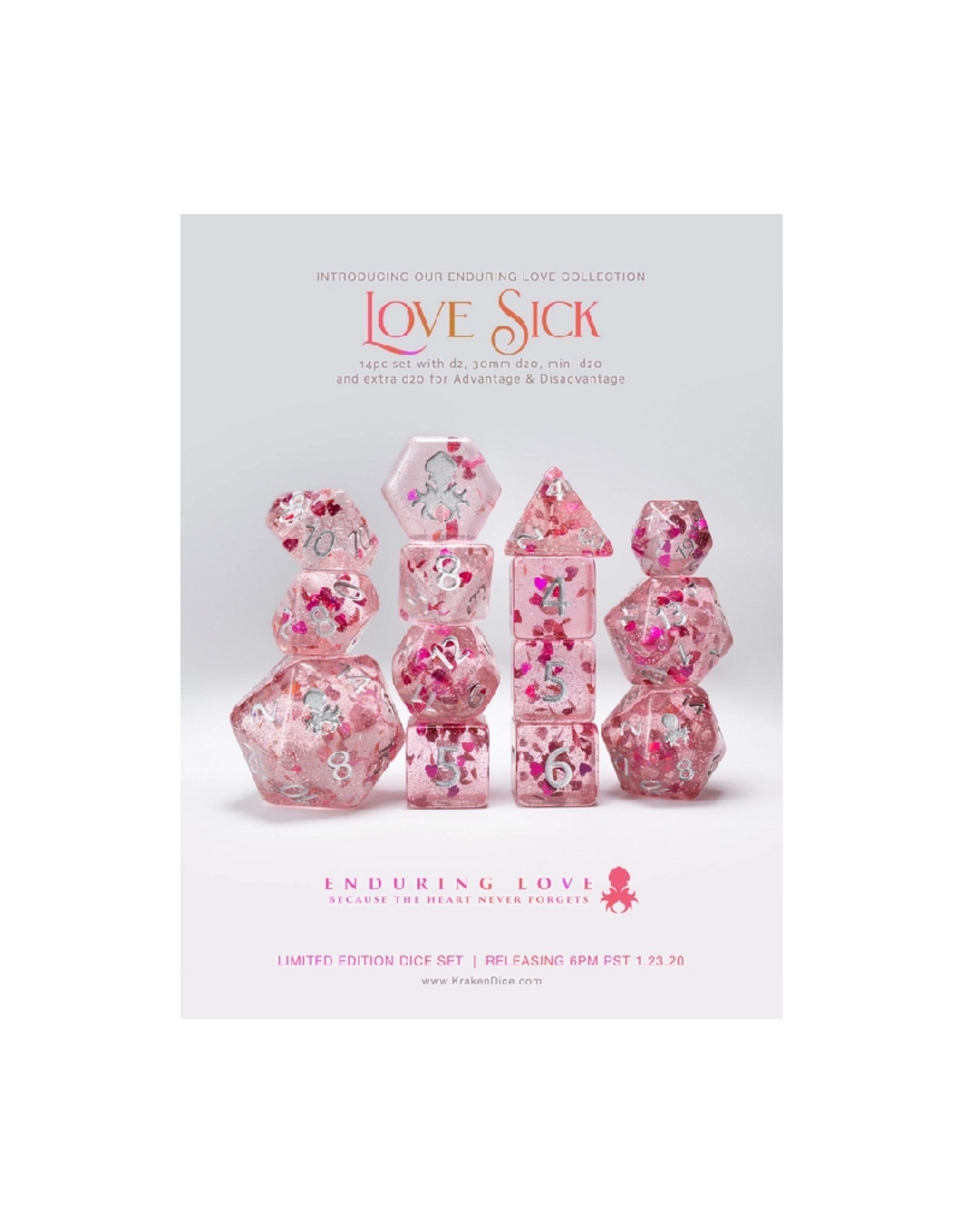 Love Sick - Pink with Red Hearts 14pc Limited Edition Dice Set