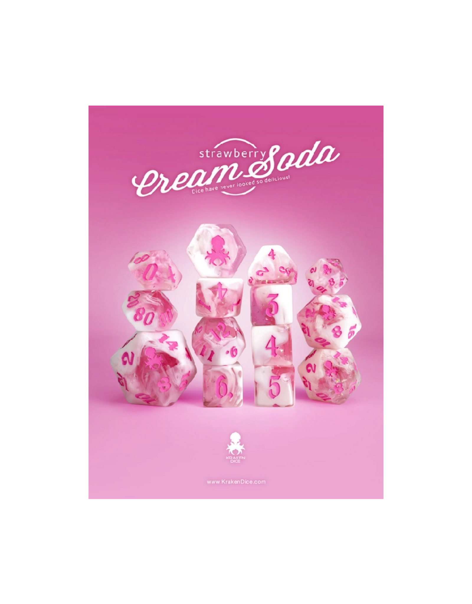 Strawberry Cream Soda 14pc Ttrpg Dice Set with Pink Ink