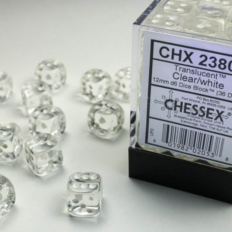 Chessex D6 Dice: 12mm Translucent Clear (36)