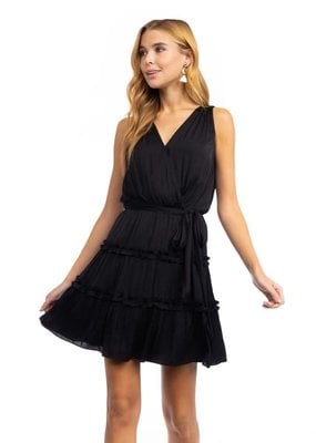 Stardust Mini Surplice Dress with Sash Tie Belt - Black