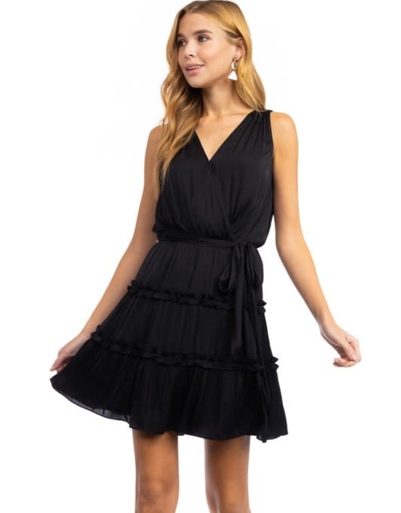 Stardust Mini Surplice Dress with Sash Tie Belt - Black