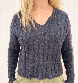 Autumn Cashmere Distressed Crop V Neck Cable Sweater