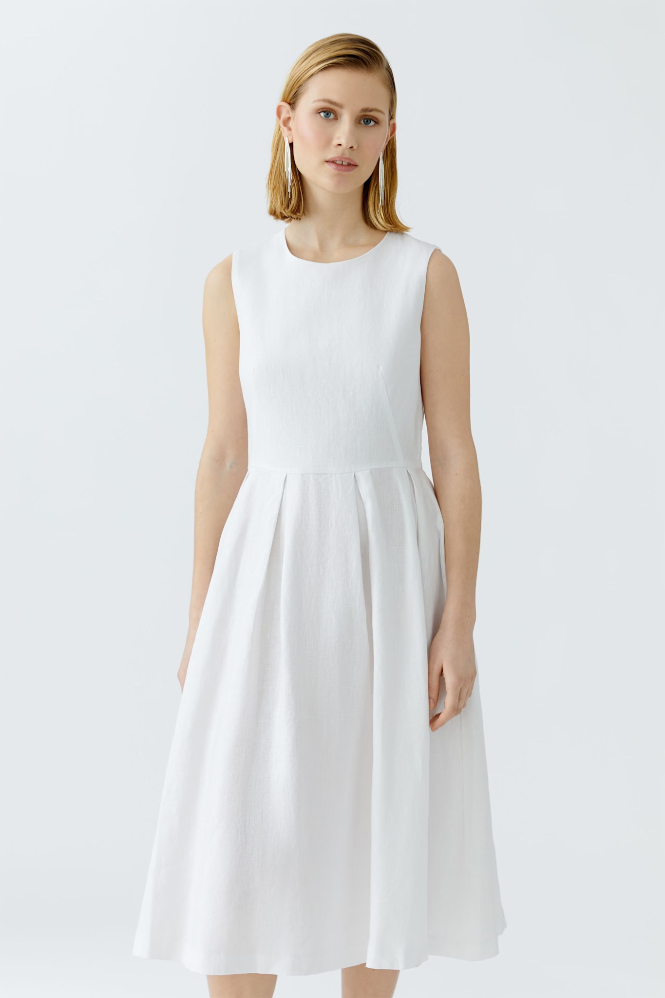 knee length dresses for ladies Oui Linen Cotton Midi Dress Blue – MMJs Fashion