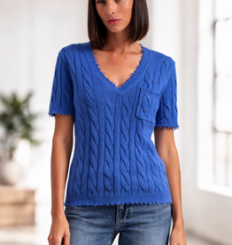 Minnie Rose Frayed Cable V-Neck
